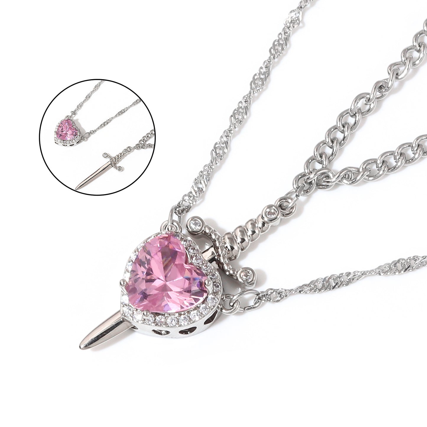 Silver plated heart and sword couple necklace