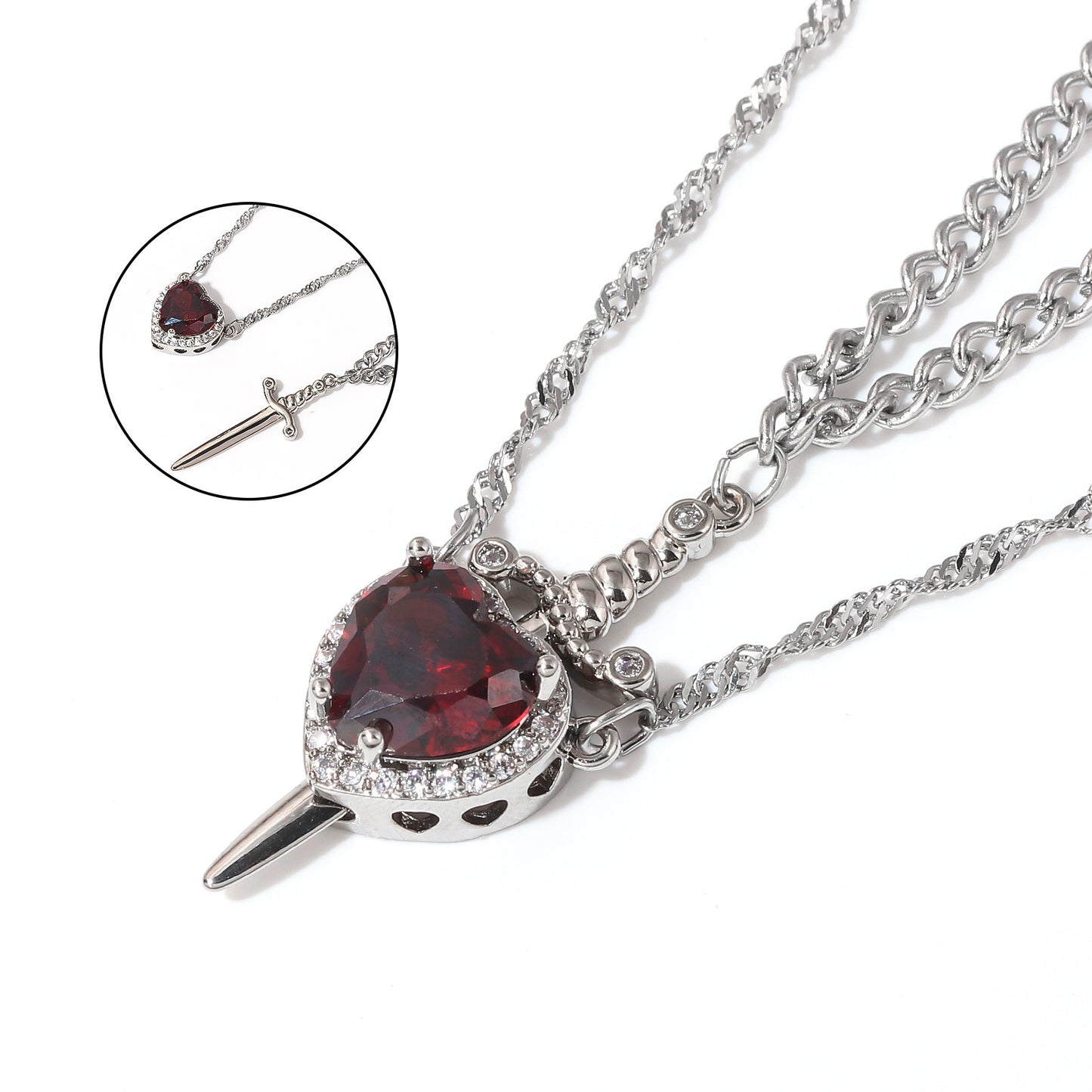 Silver plated heart and sword couple necklace